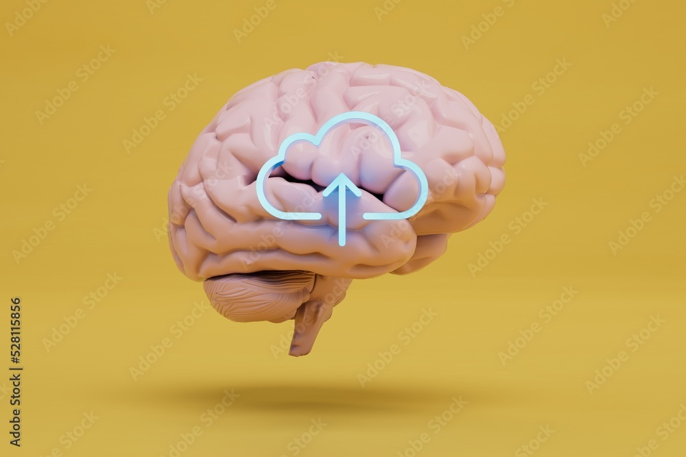 Poster uploading information to the cloud. cloud on the brain on a yellow background. 3d render