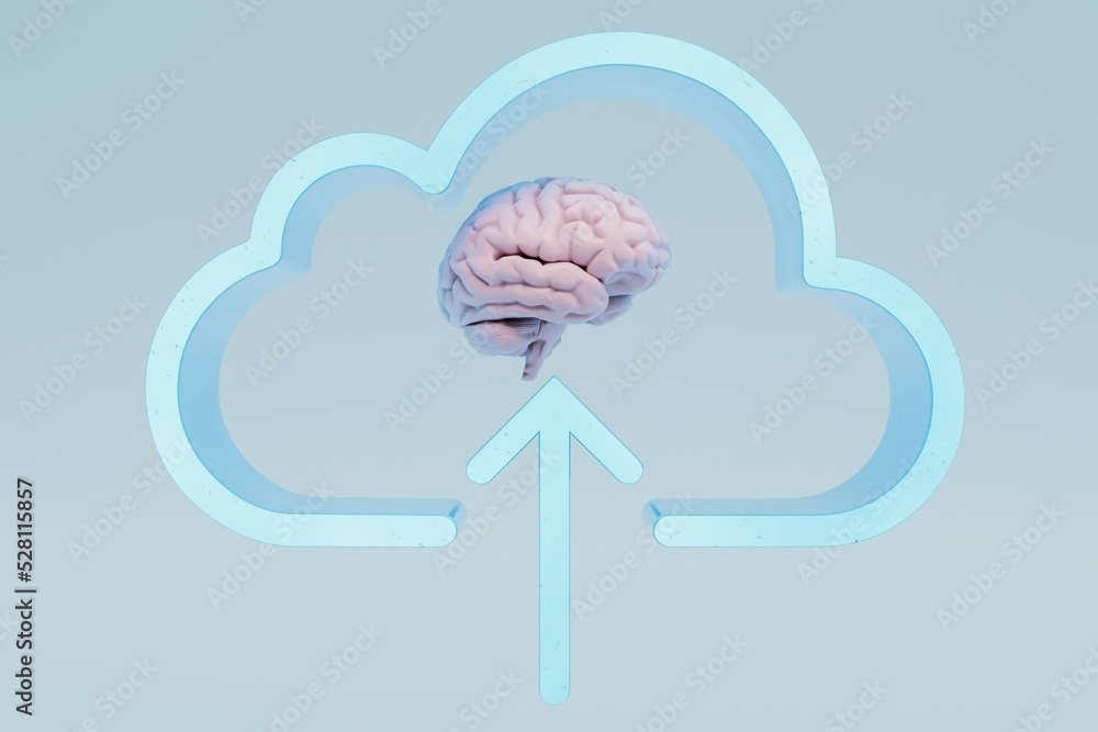 Poster uploading information to the cloud. brain in a cloud on a white background. 3d render