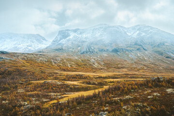 Aerial view Sognefjellet mountains autumn season landscape in Norway travel wilderness scandinavian nature Jotunheimen national park. - obrazy, fototapety, plakaty