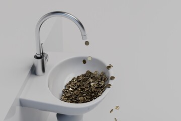 a faucet from which golden dollar coins fall into the washbasin on a white background. 3d render