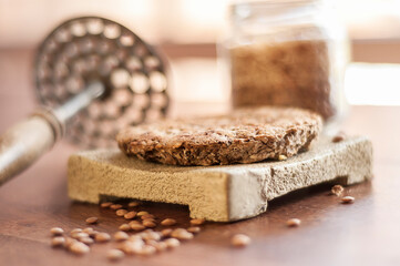 Preparation of lentil hamburgers and all its implements to make it. Vegan and healthy food.