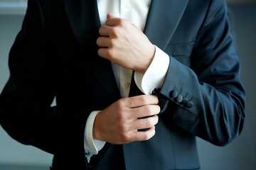 Men's hands correct shirt with cufflinks