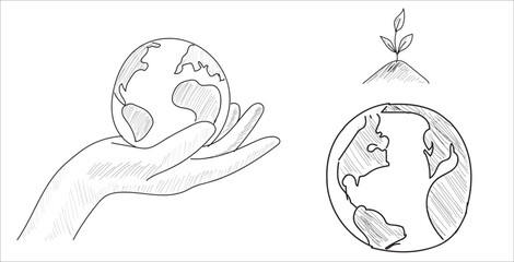 World in hand.  Earth, sapling, seedling. Hand drawing sketch vector illustration