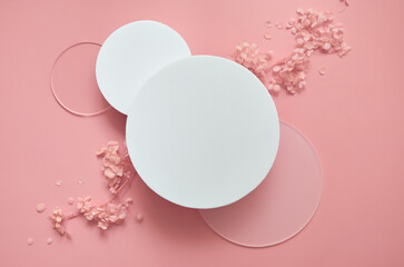 White round podium pedestal cosmetic beauty product presentation scene empty mockup on trendy pink...