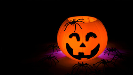 Halloween pumpkin on black background with spiders. Copy Space.
