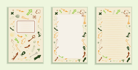set pages diary with cover and page in line decor arrows first pages notepad