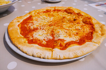 delicious pizza margarita on the table in the restaurant among other dishes. Italian cuisine and fast food cafes