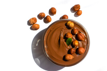 Liquid chocolate, hazelnut isolated on white background