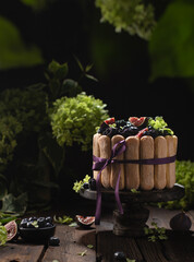 Savoyardi berry cake garnished with blackberries,blueberries and fresh figs on a wooden stand with hydrangea flowers on wooden table.Close up of cake in rustic style.