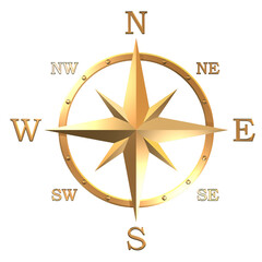Wind rose compass from gold plated metal 