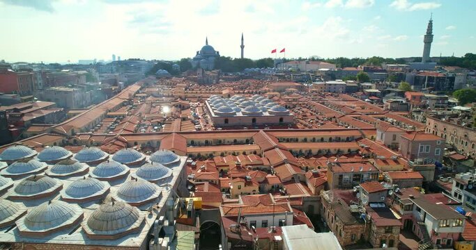 Aerial view of the Grand Bazaar in Istanbul on a sunny day. The famous Grand Bazaar in Istanbul, Turkey. Shopping In Istanbul. Drone view of Istanbul Bazaar