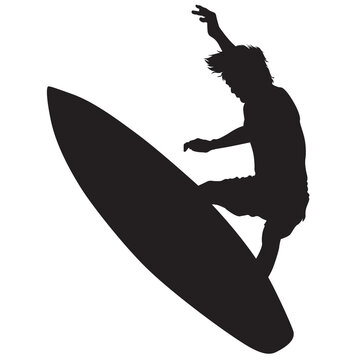A vector silhouette of a young teen male surfing.