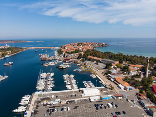 Aerial view of Bulgarian town Sozopol and marina port. Drone view from above. Summer holidays destination