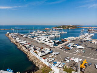 Fototapeta na wymiar Aerial panoramic view of marina port in Sozopol in Bulgaria. Drone view from above. Summer holidays destination