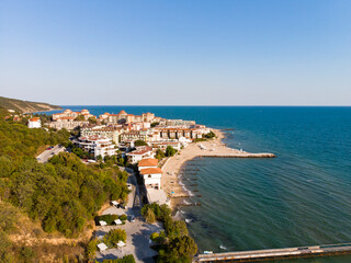 Drone aerial view of the Black Sea beach in Elenite. Popular summer resort in Bulgaria