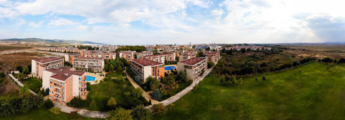 Residential complex and hotels with pool on Sunny Beach in Bulgaria. Summer holidays in Europe...