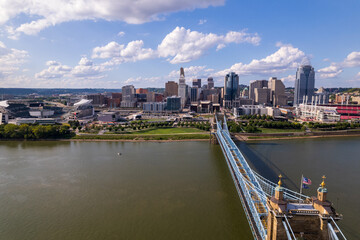 Cincinnati, Ohio, USA.  View of the city skyline from above the Ohio River.