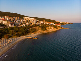 Sveti Vlas in Bulgaria. Aerial photography, drone view. Summer holidays in Europe during quarantine.