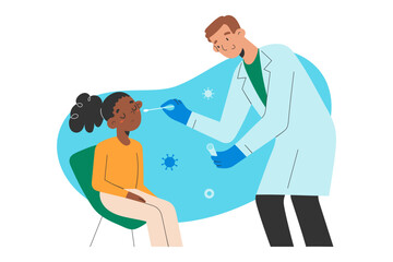 Childrens covid19 test. Friendly medical doctor using a cotton swab to test a an African-American girl for coronavirus, carefully performing a nasal and throat analysis in clinic, vector illustration