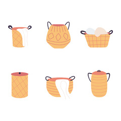Set of 6 Wicker Laundry Basket Vector Illustration