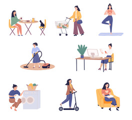 Daily routines activities of women spend time eating, walking, chatting and reading, meditating, shopping, washing, cleaning. Women's activity and leisure illustration.
