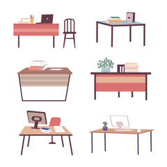 Set of office tables and study tables. Cartoon vector illustration.