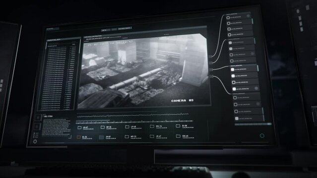 Surveillance system observing the assault mission location. Surveillance software monitors the military assault location. Surveillance of the military assault of the terrorist hideout location. UI.