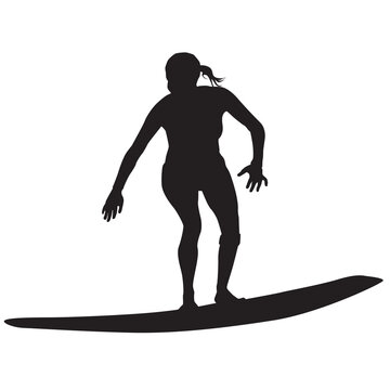 A vector silhouette of a girl surfing.