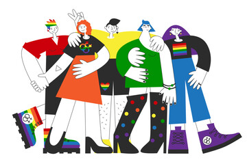 Group of gay women with rainbow flag, lgbtq symbols. Homosexual queer lesbian visibility, awareness, equality, pride and rights. Same-sex love and marriage concept isolated vector flat illustration. - obrazy, fototapety, plakaty