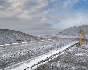 Winter coming. Mountain views along the Kjolur Highland Road F35, Iceland, Europe. Autumn snowstorm beginning.