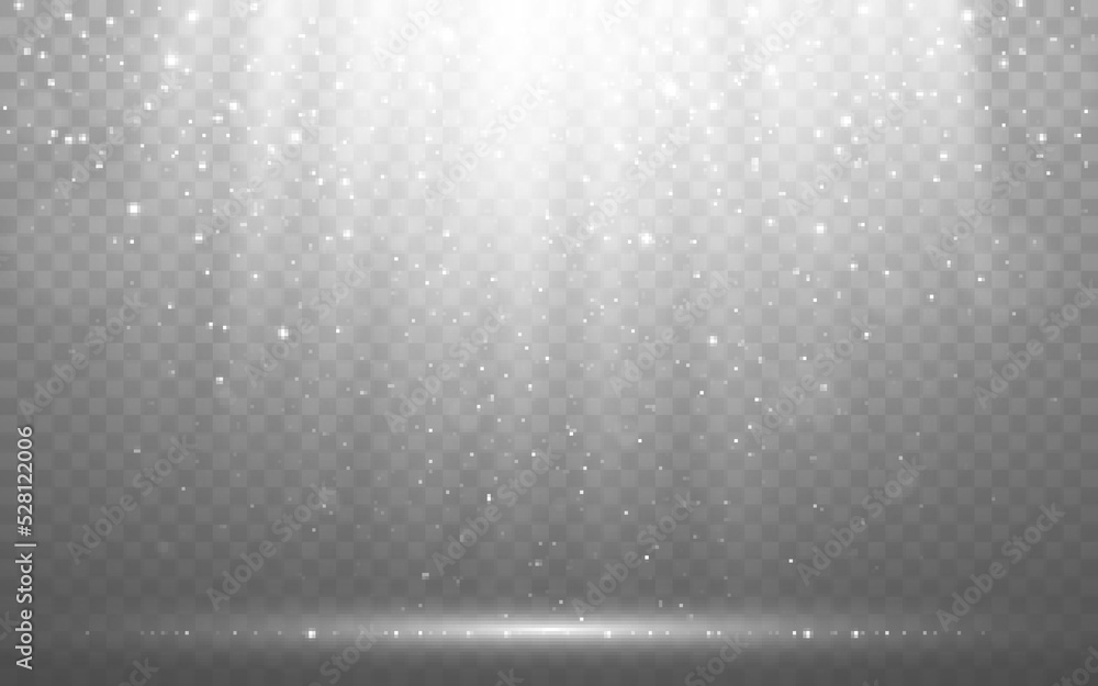 Poster glitter and spotlights. glowing stage with shining particles. falling silver stars and bokeh. magic 