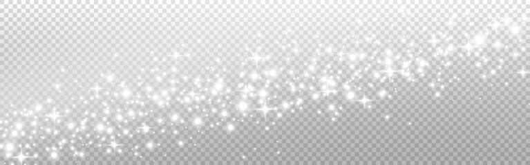 Silver glitter wide texture. Glowing trail with particles. White stars with silver shine. Luxury stardust wave. Starry background. Magic white decoration. Vector illustration - obrazy, fototapety, plakaty