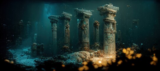 Parts of ancient architecture stand under water. 3D rendering - obrazy, fototapety, plakaty