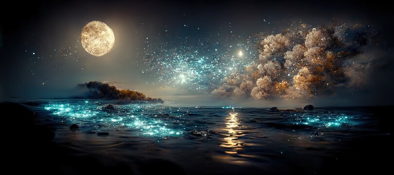 The water surrounded the island under a starry sky. 3D illustration.