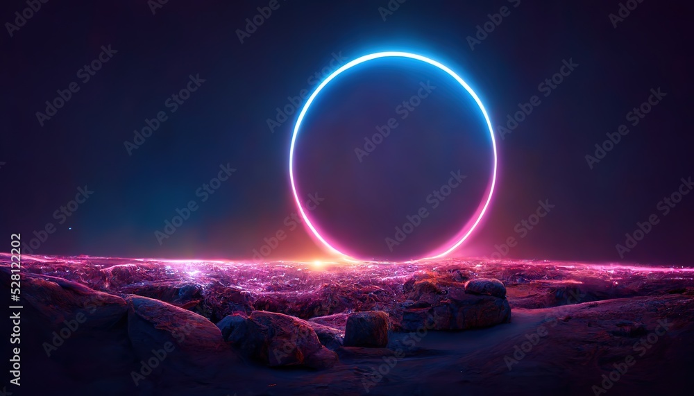 Poster Total eclipse of the moon over the stone plain. 3D rendering