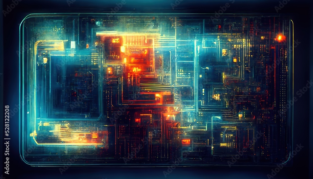 Poster innovative microcircuit with multiple indicators all over the surface. 3d illustration.