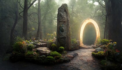The obelisk stands in the center of the forest next to the portal. 3D illustration. - obrazy, fototapety, plakaty