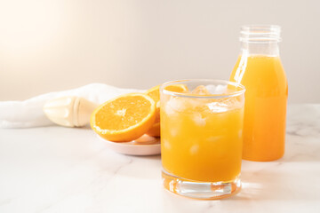 Glass of Freshly Squeezed Orange Juice on a Table Selective Focus with Copy Space Horizontal