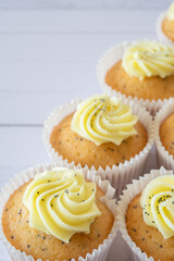 Closeup of Lemon and Poppy Seed Muffins from Above with Selective Focus and Copy Space Vertical