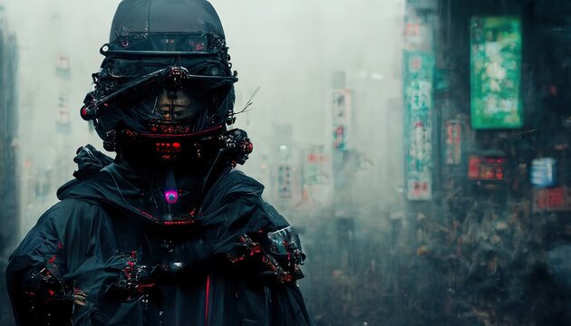 A man walking through the streets of Japan in a black suit. 3D rendering