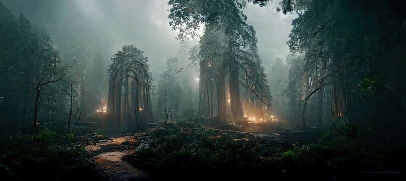 The forest with the tall trees is covered with fog. 3D rendering