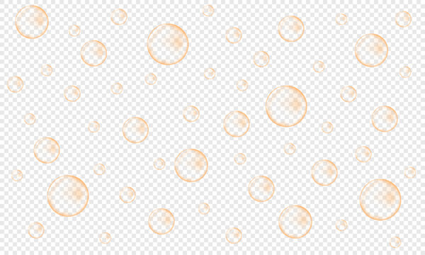 Golden air bubbles of champagne, prosecco, seltzer, soda, sparkling wine. Carbonated drink texture. Fizzing water background. Vector realistic illustration.
