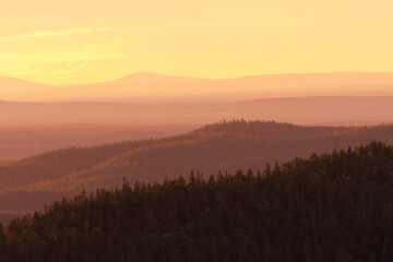 Hillsides of Valtavaara during a beautiful summery sunset in Northern Finland