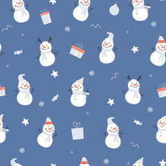 Seamless pattern with snowmen, snowflakes. Winter abstract Christmas forest print. Vector graphics.