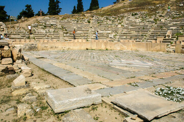 Fototapeta na wymiar Delphi Greece looking at the Outdoor Amphitheater from the Stage