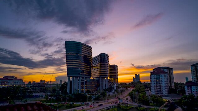 time lapse Malaysian Anti-Corruption Commission,  headquarters building during sunset. A stunning modern marvel architecture building design