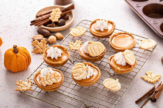 Mini pumpkin pies with wipped cream and cinnamon