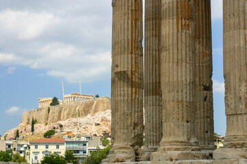 Athens, Greece, looking at the Temple of Apollo with the Acropolis and the Parthenon in the...