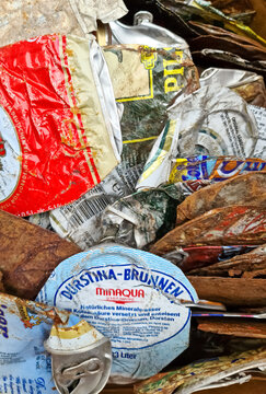 Hamburg, Germany - 03 September 2022: A Pile Of Rusty Beer Cans Of Different Brands..