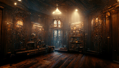 Beautiful mansion interior with calm lights, steampunk machinery on the walls, style painting - obrazy, fototapety, plakaty